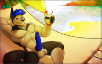 Ashi relaxing in a hammock with a maitai and an erection.