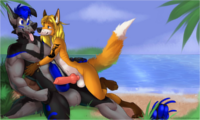 Ashi sits, erect, on a beach with a hottie fox, JC Fox, snuggling on a nude beach.