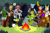 Ashi and friends around a campfire on Halloween